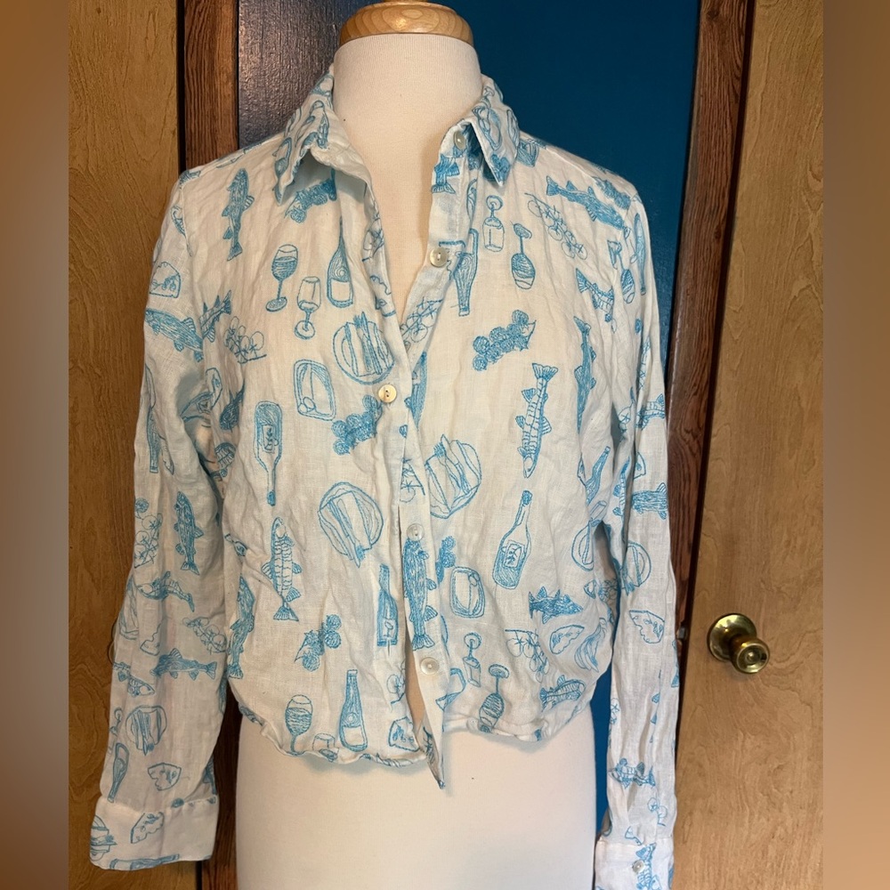 Linen Mediterranean Embroidered Cropped Button Up